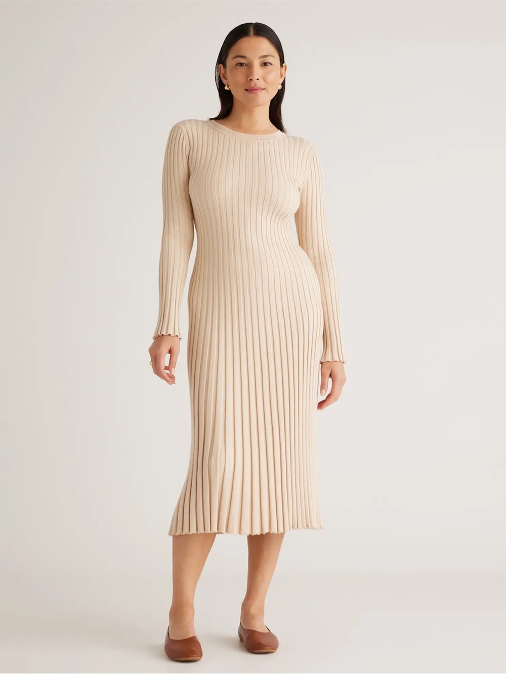NWT Quince Cotton Cashmere Ribbed Long Sleeve Crew Midi Dress Heather Oatmeal-S